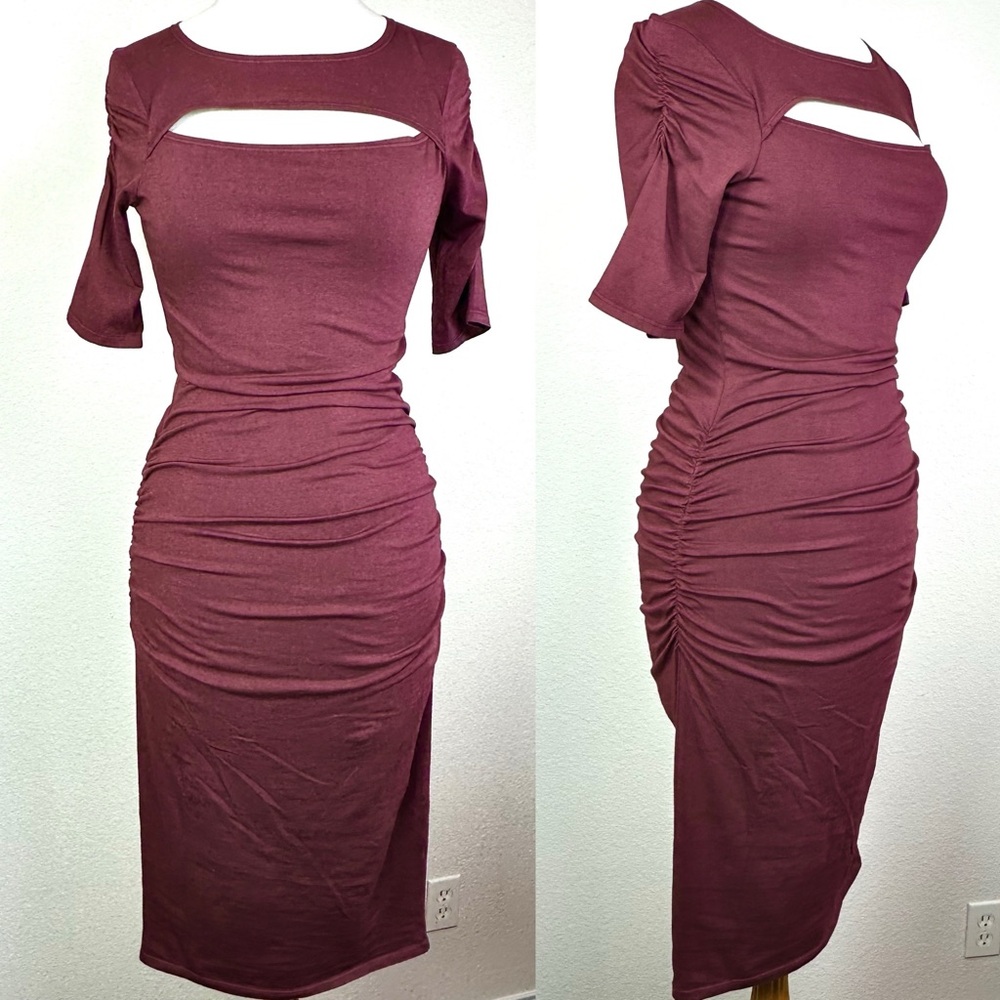 Michael Stars Burgundy Ruched Midi Bodycon Dress Cutout Minimalist Siren Small